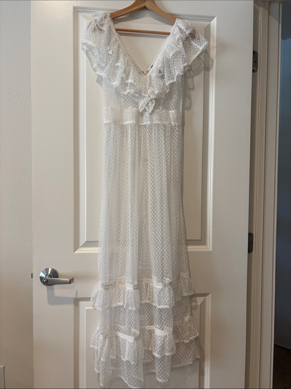 Sheer White Polka Dot Ruffle Maxi Dress